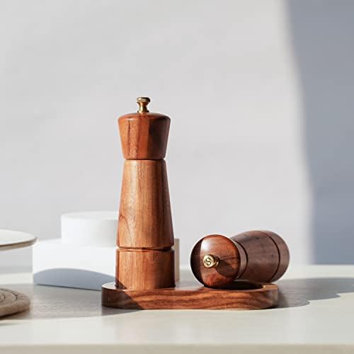 Salt and Pepper Grinder Set with Tray Acacia Wood and Stainless Steel