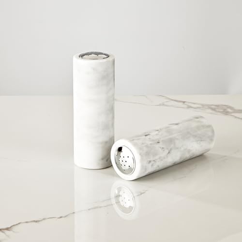 White Marble Salt Pepper Shaker Set with Adjustable Grinder