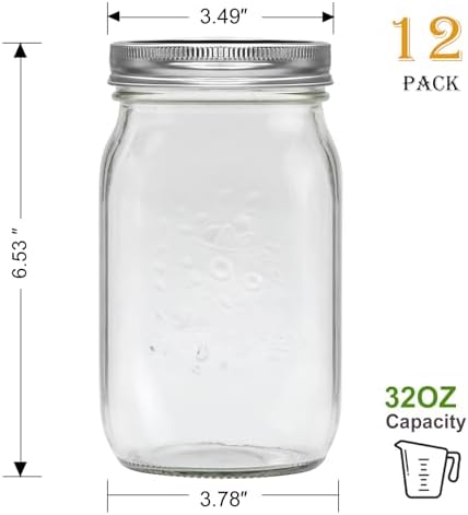 Encheng 12-Pack 32oz Clear Glass Mason Jars with Lids and Bands