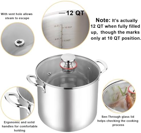 TeamFar 12 Quart Stock Pot with Lid 1810 Stainless Steel