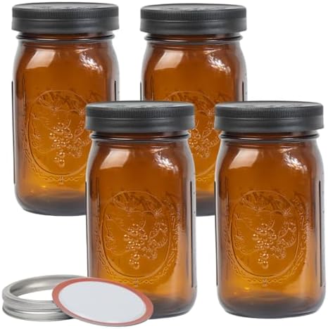 4 Pack 32 oz Amber Mason Jars with Airtight Lids and Plastic Lids