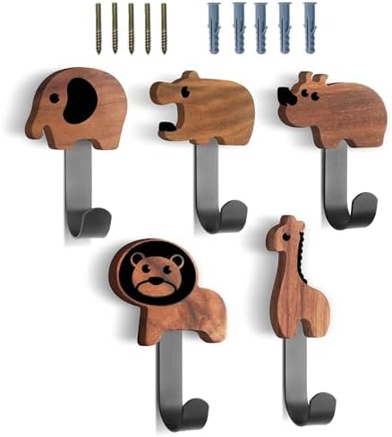 Qivine 5Pcs Wood Animal Coat Hooks for Kids 1