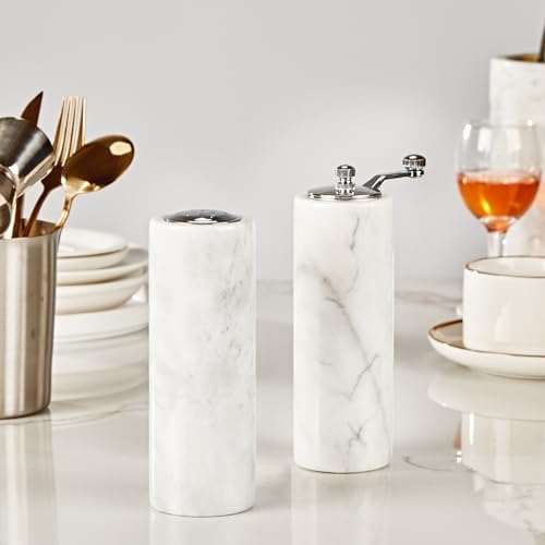 White Marble Salt Pepper Shaker Set with Adjustable Grinder