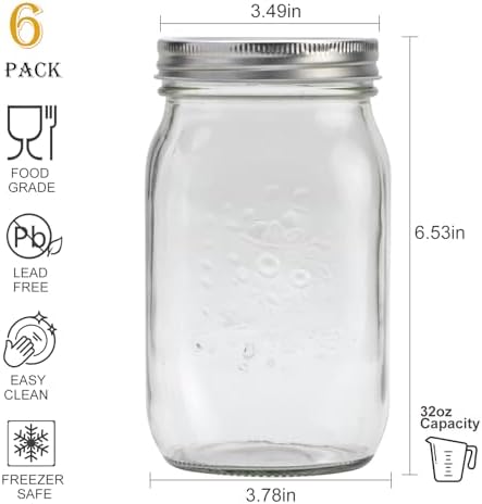 Flrolove 32 OZ Glass Jars 6 Pack with Airtight Lids
