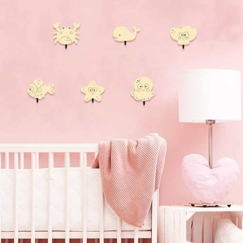 6Pcs Kids Ocean Animal Coat Hooks Wooden Wall Decor