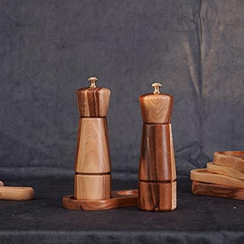 Salt and Pepper Grinder Set with Tray Acacia Wood and Stainless Steel