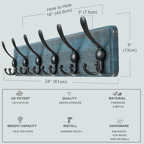 Dseap Wall Mounted Coat Rack 24 Long 6 Triple Hooks