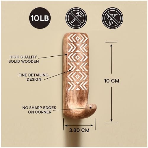 Indian Shelf 6 Piece Wooden Wall Hooks with Adhesive