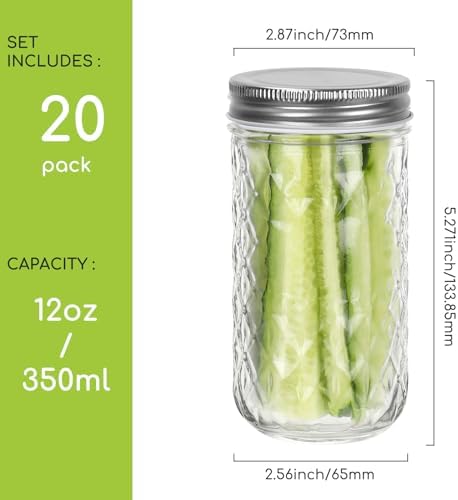 Keketin 12 oz Wide Mouth Mason Jars 20 Pack with Screw Lids