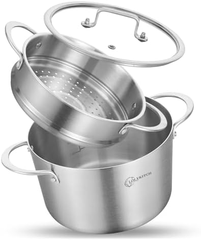 LOLYKITCH 3 Qt Tri-Ply Stock Pot with Lid and Steamer 1