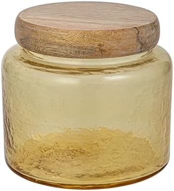 Bloomingville Yellow Hammered Glass Jar with Mango Wood Lid