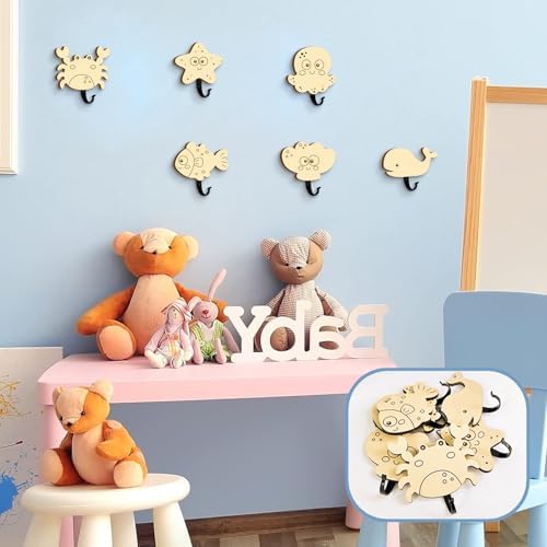 6Pcs Kids Ocean Animal Coat Hooks Wooden Wall Decor
