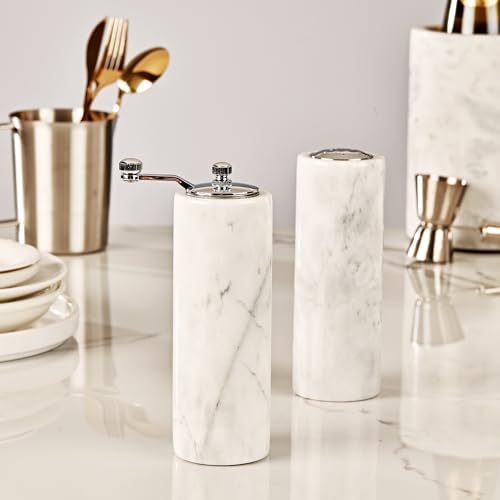 White Marble Salt Pepper Shaker Set with Adjustable Grinder
