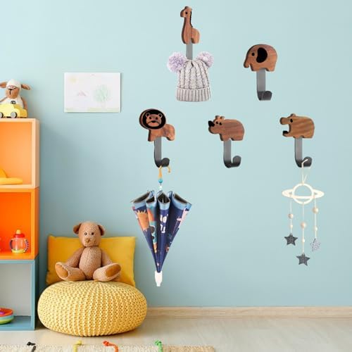 Qivine 5Pcs Wood Animal Coat Hooks for Kids 1
