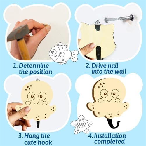6Pcs Kids Ocean Animal Coat Hooks Wooden Wall Decor