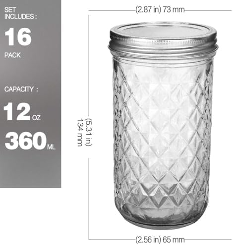 VERONES 12 OZ Mason Jars with Regular Lids 16 Pack