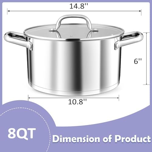 TeamFar 8QT Stock Pot with Lid and Double Handles