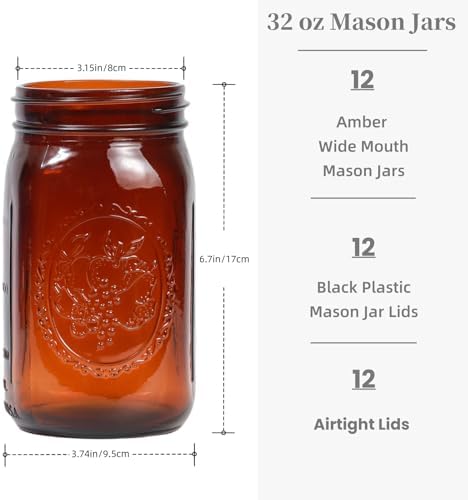 12 Pack Amber Mason Jars with Lids and Bands