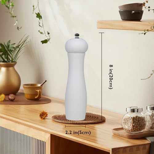 ManGotree Wooden Pepper Mill Grinder Adjustable Coarseness Refillable Oak Wood 8 Inch White