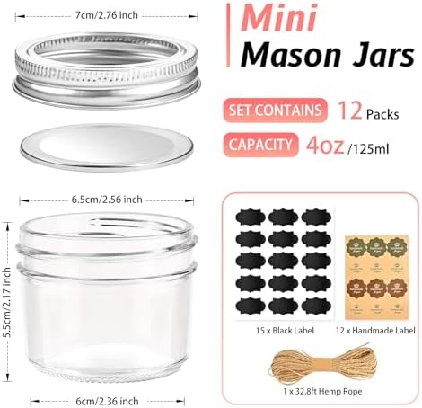 TUZAZO 4 oz Mason Jars 12 Pack with Lids and Labels