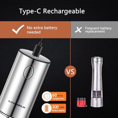 Advanfam Electric Pepper Mill with LED Light and Rechargeable Battery
