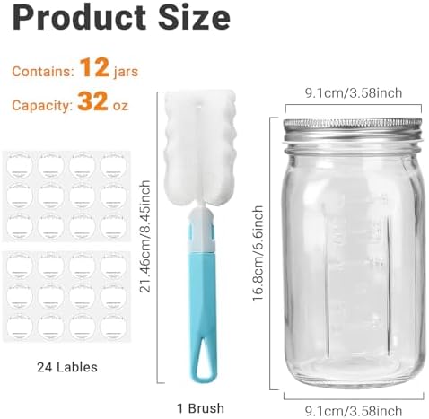 DHSBTLS 32 oz Glass Mason Jars 12 Pack