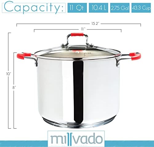 Millvado 11 Quart Stainless Steel Stock Pot with Clear Glass Lid