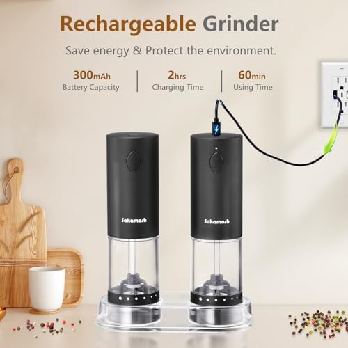 SAKAMOSH Electric Salt Pepper Set with Base 2 Pack
