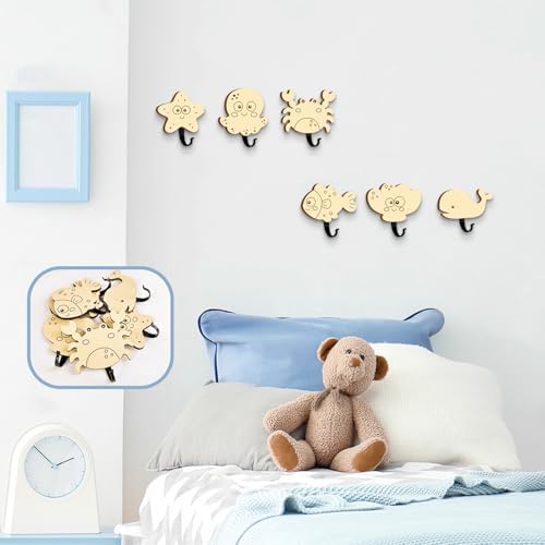 6Pcs Kids Ocean Animal Coat Hooks Wooden Wall Decor