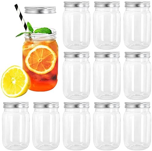Tebery 12 Pack Clear Plastic Mason Jars with Lids 16OZ Shatterproof Drinking Jar
