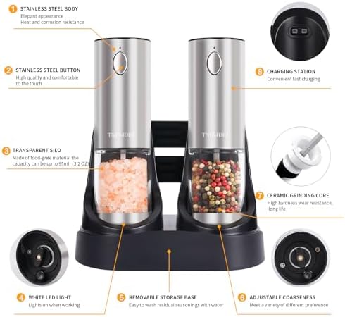 TNUMDRT Stainless Steel Pepper Mill Set with LED Light and Rechargeable Base