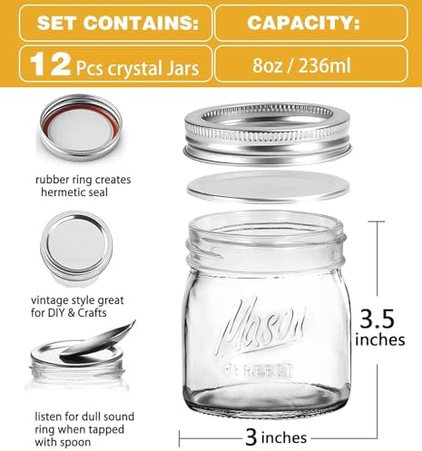 Tynatune 8 Oz Mason Jars 12 Pack with Lids and Bands
