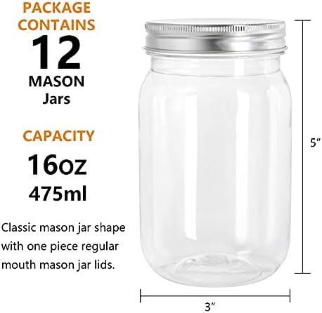 Tebery 12 Pack Clear Plastic Mason Jars with Lids 16OZ Shatterproof Drinking Jar
