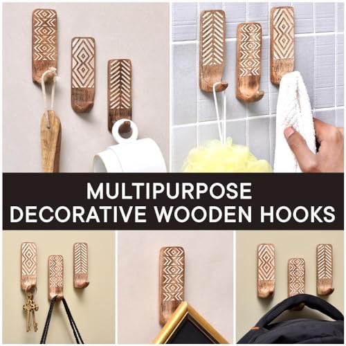 Indian Shelf 6 Piece Wooden Wall Hooks with Adhesive
