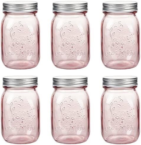 Amzcku 16 oz Rose Pink Mason Jars with Lids 6 Pack