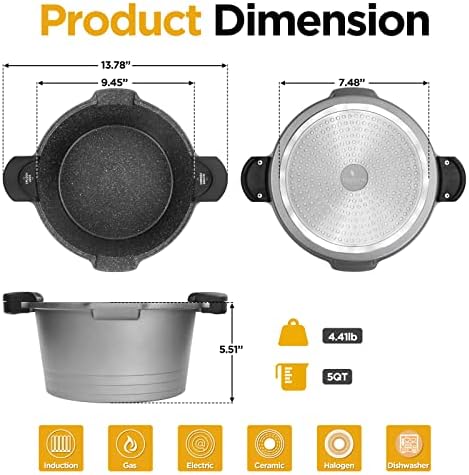 5 Quart Pasta Pot with Strainer Lid - PFOA Free Cast Aluminum Grey