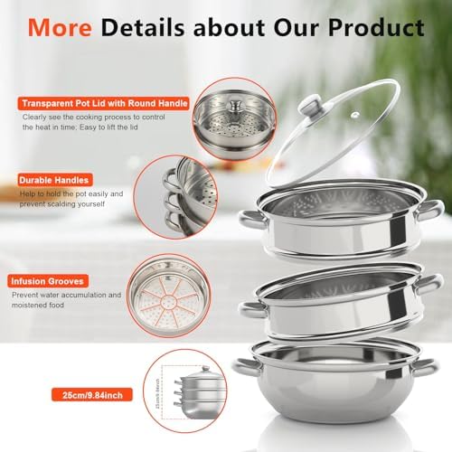 Bitodd 3 Tier Stainless Steel Steamer Set