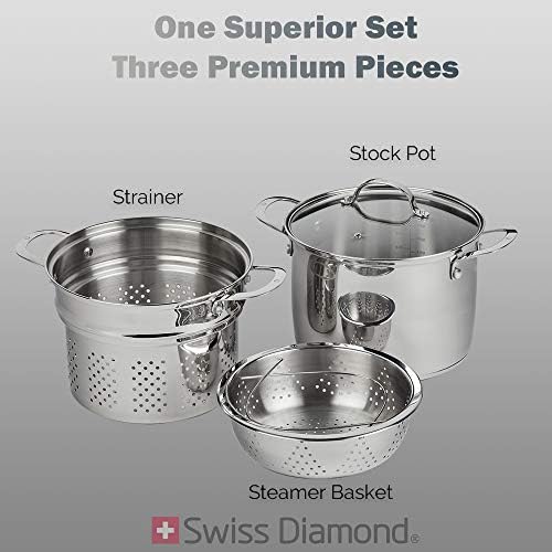 Swiss Diamond 3-in-1 Stainless Steel Cookware Set with Strainer and Steamer