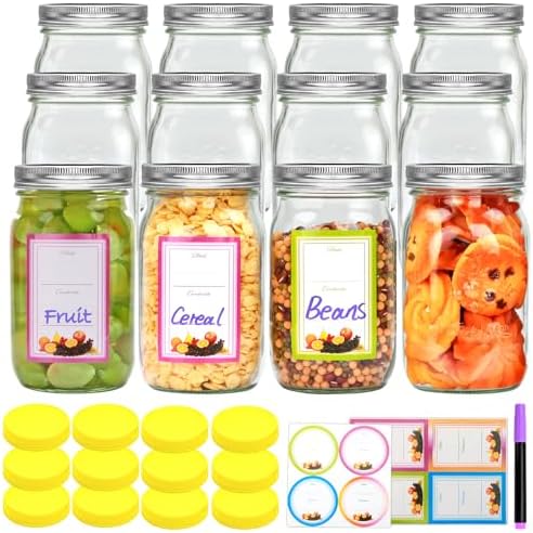 Encheng 12-Pack 32oz Clear Glass Mason Jars with Lids and Bands