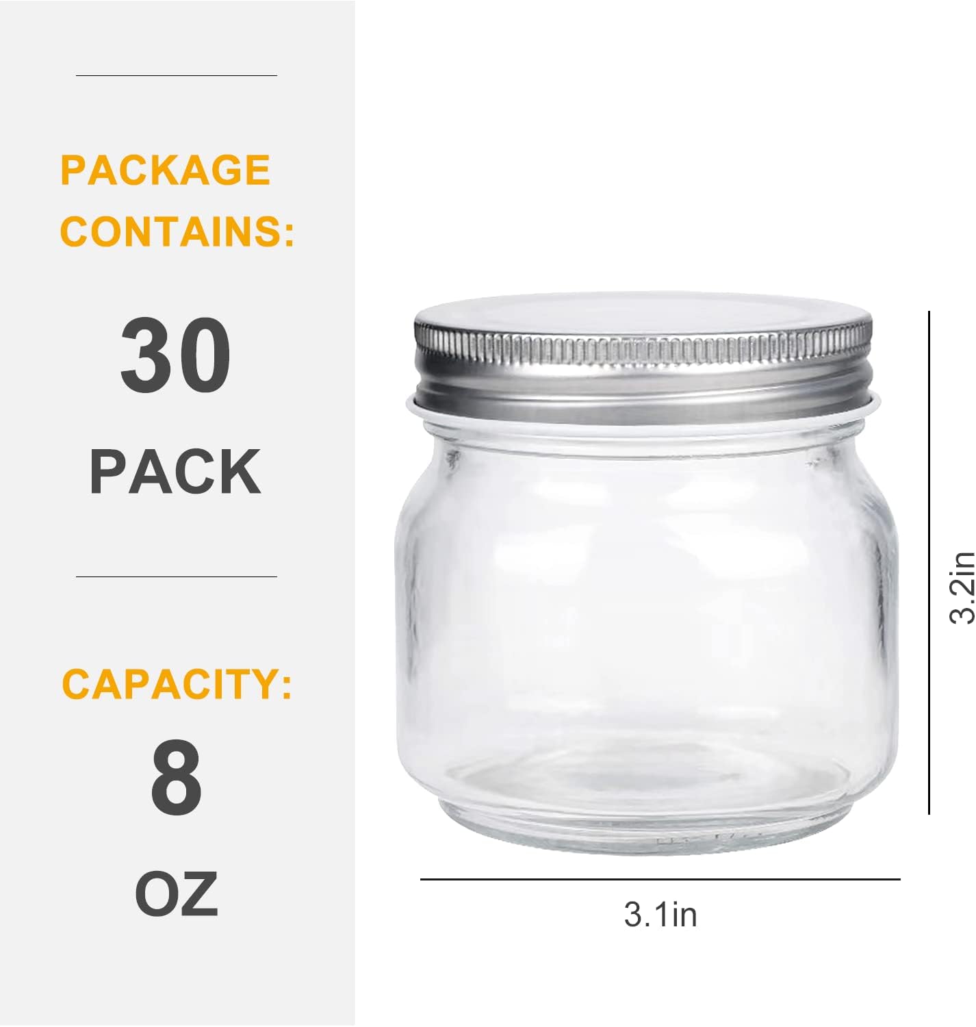 QAPPDA 8 oz Mason Jars with Silver Lids Set of 30