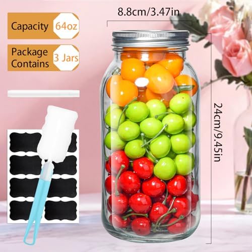 64 oz Mason Jars 3 Pack Large Half Gallon Airtight Lids