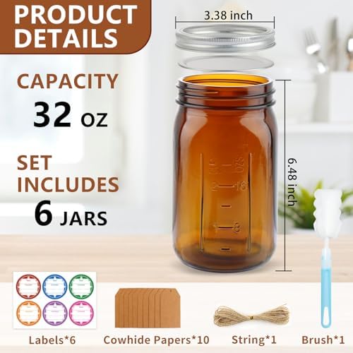 CARBLIN 6 Pack 32 oz Amber Canning Jars with Lids