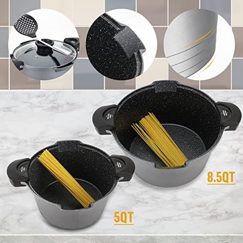 5 Quart Pasta Pot with Strainer Lid - PFOA Free Cast Aluminum Grey