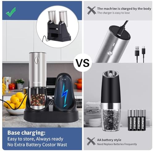 TNUMDRT Stainless Steel Pepper Mill Set with LED Light and Rechargeable Base
