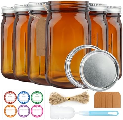 CARBLIN 6 Pack 32 oz Amber Canning Jars with Lids