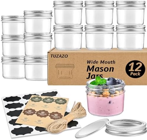 TUZAZO 4 oz Mason Jars 12 Pack with Lids and Labels