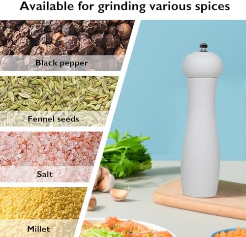 ManGotree Wooden Pepper Mill Grinder Adjustable Coarseness Refillable Oak Wood 8 Inch White