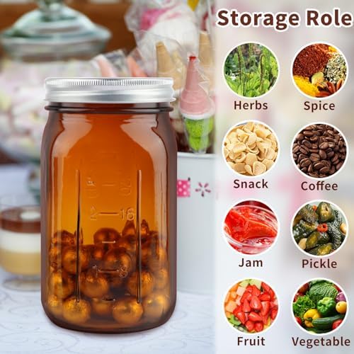 CARBLIN 6 Pack 32 oz Amber Canning Jars with Lids