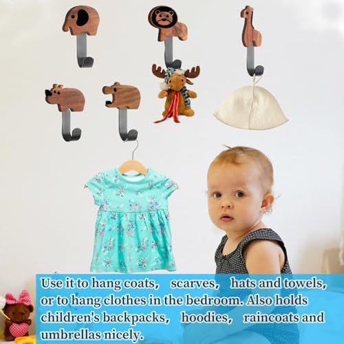 Qivine 5Pcs Wood Animal Coat Hooks for Kids 1