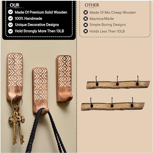 Indian Shelf 6 Piece Wooden Wall Hooks with Adhesive